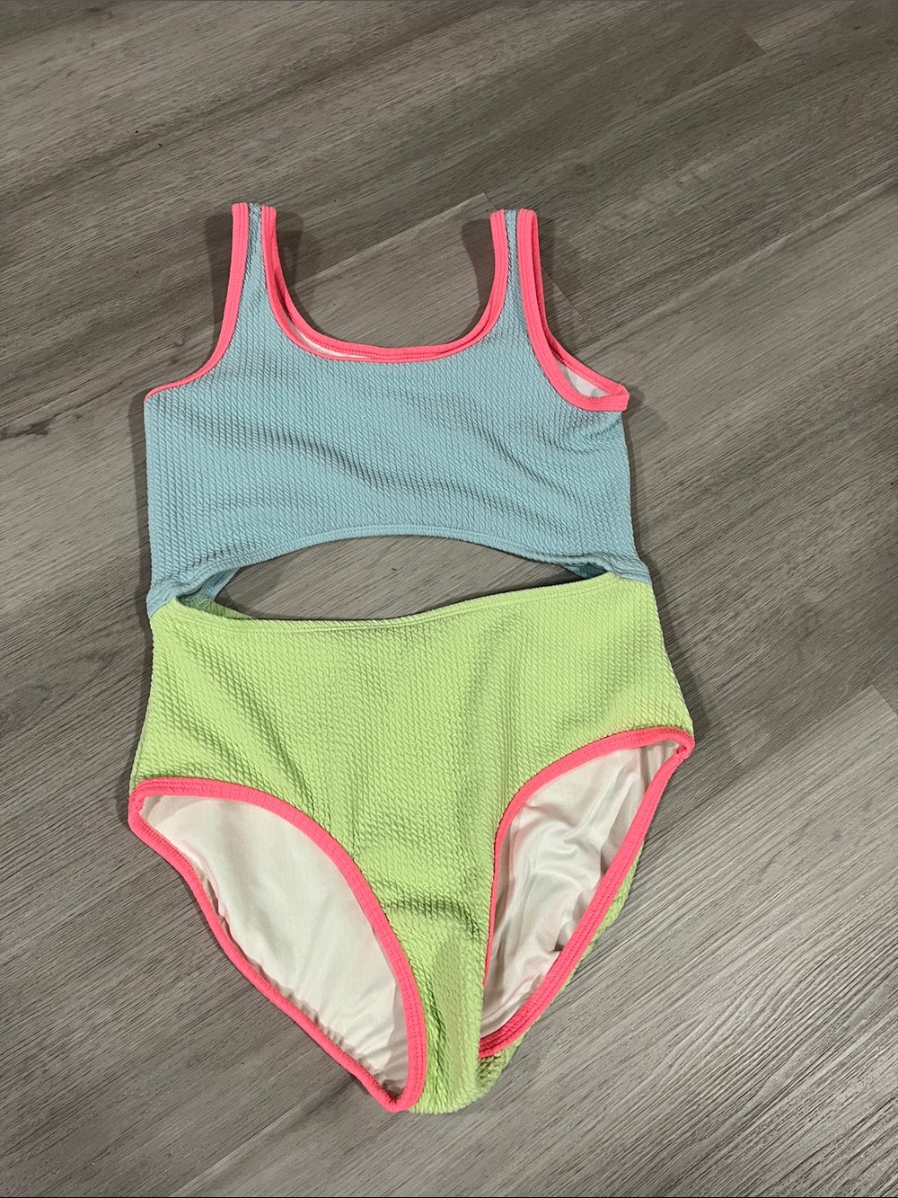 Old Navy Two-Tone Blue & Lime Green Girls Cutout Swim Suit with Pink Trim